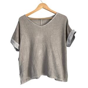 Colette Linen Blend Boxy Blouse Large Short Sleeve Lagenlook Minimialist Beige